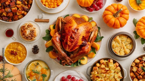  A table laden with bowls of fall food and a turkey atop, covered in pumpkins, apples, pine cones, and additional autumnal fare