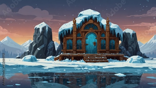 Frozen tundra with icy platforms and snow backdrop for game levels. 2d style