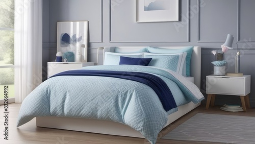 A bed with a blue comforter and pillows is in a room with a white wall