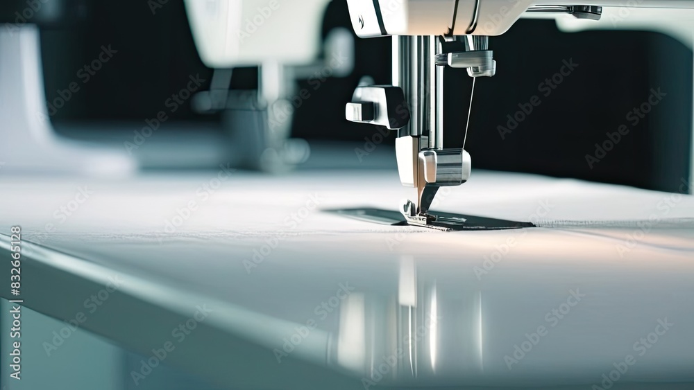 Fototapeta premium A sewing machine is in use on a blue fabric. The blue fabric is being sewn together