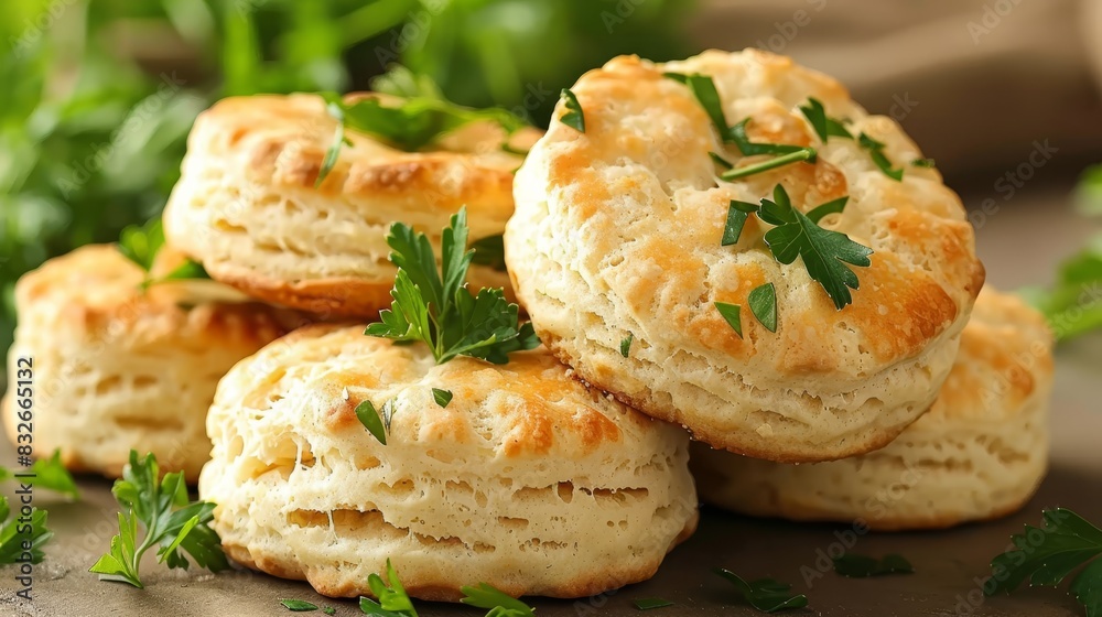 A heap of biscuits topped with parsley sprigs, arranged on parchment paper Nearby, a bundle of fresh green parsley leaves A heap of biscuits topped with parsley sprigs, arranged on parchment paper Nearby, a bundle of fresh green parsley leaves