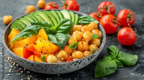 tomatoes  avocado  spinach  and chickpeas nearby on a table Tomatoes and fresh spinach leaves in proximity