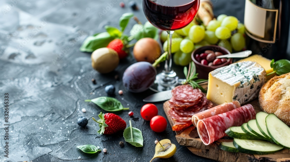  A cutting board showcases an array of cheeses, meats, breads, and fruit In the backdrop, a glass and a full bottle of wine are present