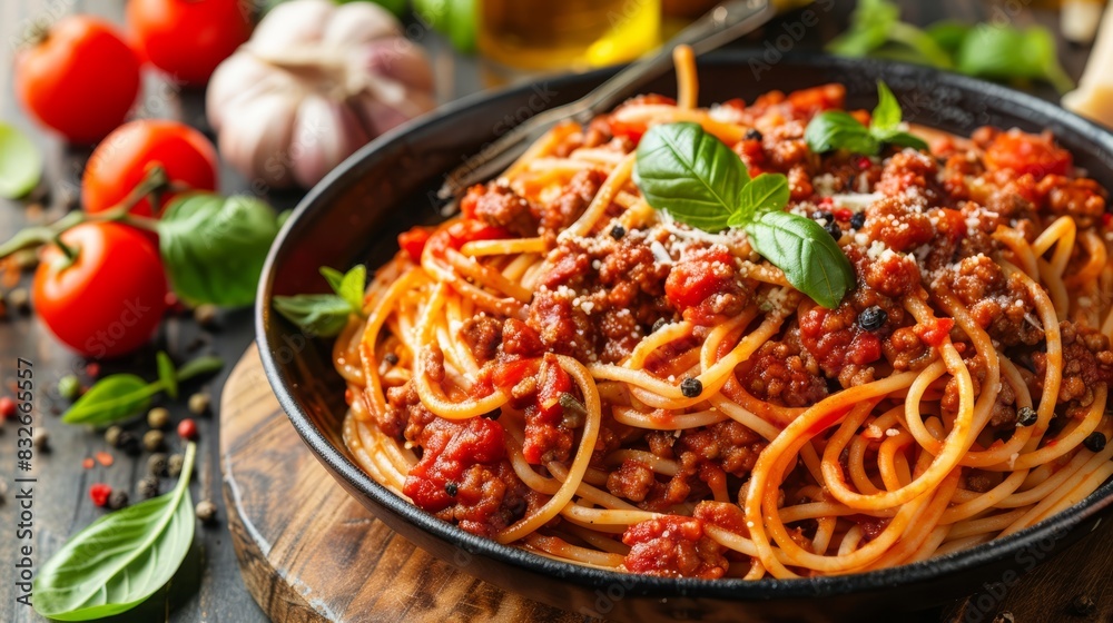 A close-up of a plate with spaghetti, tomato sauce, and basil on a worn wooden table Nearby are garlic cloves, tomatoes, pepper, garlic A close-up of a plate with spaghetti, tomato sauce, and basil on a worn wooden table Nearby are garlic cloves, tomatoes, pepper, garlic