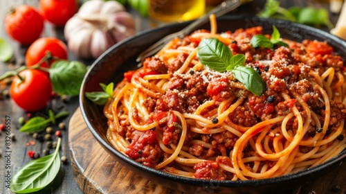  A close-up of a plate with spaghetti  tomato sauce  and basil on a worn wooden table Nearby are garlic cloves  tomatoes  pepper  garlic