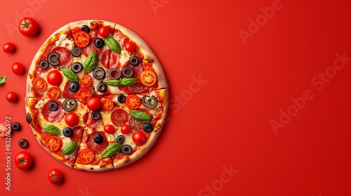 A pizza featuring tomatoes, olives, and basil on a red background A green leaf lies beside a sliced piece © Jevjenijs