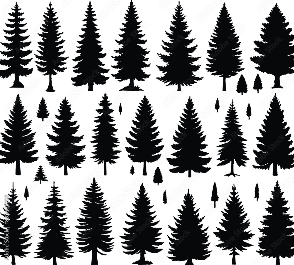 Fototapeta premium Pine tree silhouettes. Evergreen forest firs and spruces black shapes, wild nature trees templates. Vector illustration of woodland trees set on a white background design.