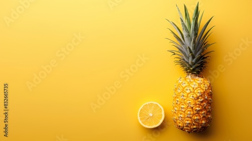  A pineapple and a half orange on a yellow background Pineapple casts a shadow to the left  orange halfway visible on the right