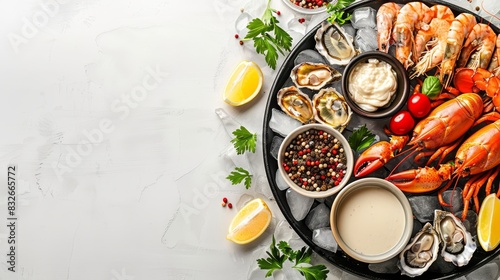  A seafood platter with lobsters, clams, lemons, and sauces on a platter Garnishes included