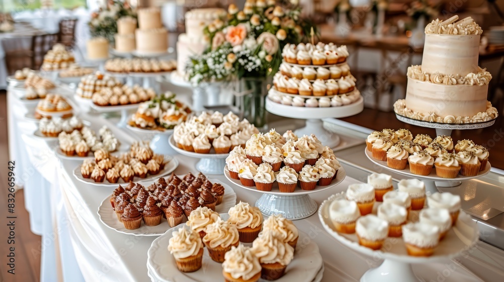  A table laden with numerous frosting-covered cupcakes, each atop an underlying cupcake base, showcases various kinds of frosted cupcakes