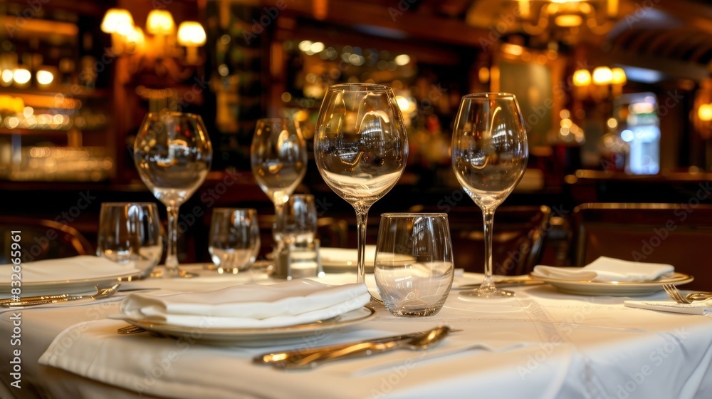 A table is set with wine glasses, silverware, and a napkin on a white tablecloth in a dimly lit room Chandeliers hang in the background A table is set with wine glasses, silverware, and a napkin on a white tablecloth in a dimly lit room Chandeliers hang in the background