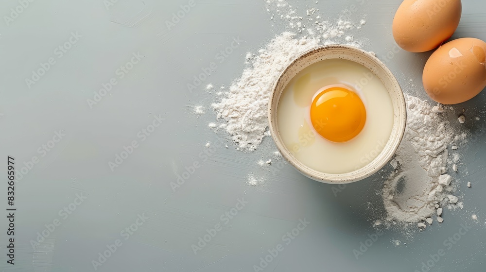 Two eggs and flour on a gray background A white bowl holds one brown egg; two regular eggs are in the middle Two eggs and flour on a gray background A white bowl holds one brown egg; two regular eggs are in the middle