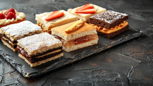  A selection of desserts is artfully arranged on a slate platter against a black countertop A knife and fork lie nearby