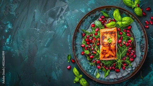  A plate showcases a salmon fillet, encircled by vibrant leaves and pomegranate arils The backdrop is a tranquil blue surface adorn photo