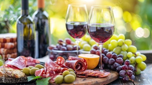 a plate of food with a glass of wine, and two empty glasses awaiting, nearby are grapes, bread, cheese, and crackers