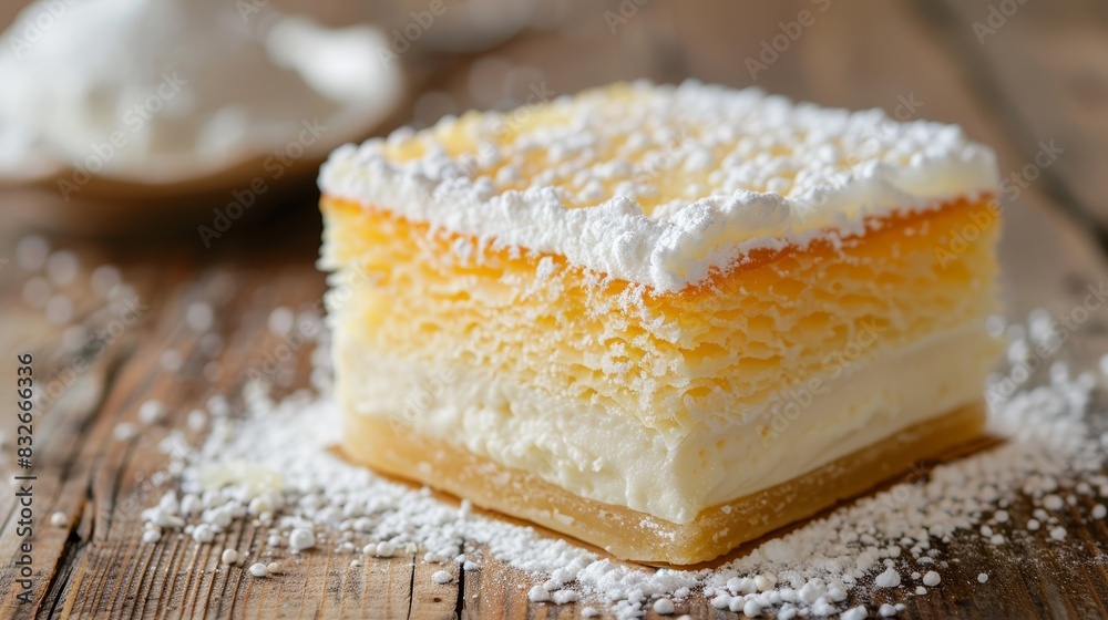 A cake sit on a wooden table, accompanied by a spoon and a bowl of powdered sugar nearby A cake sit on a wooden table, accompanied by a spoon and a bowl of powdered sugar nearby