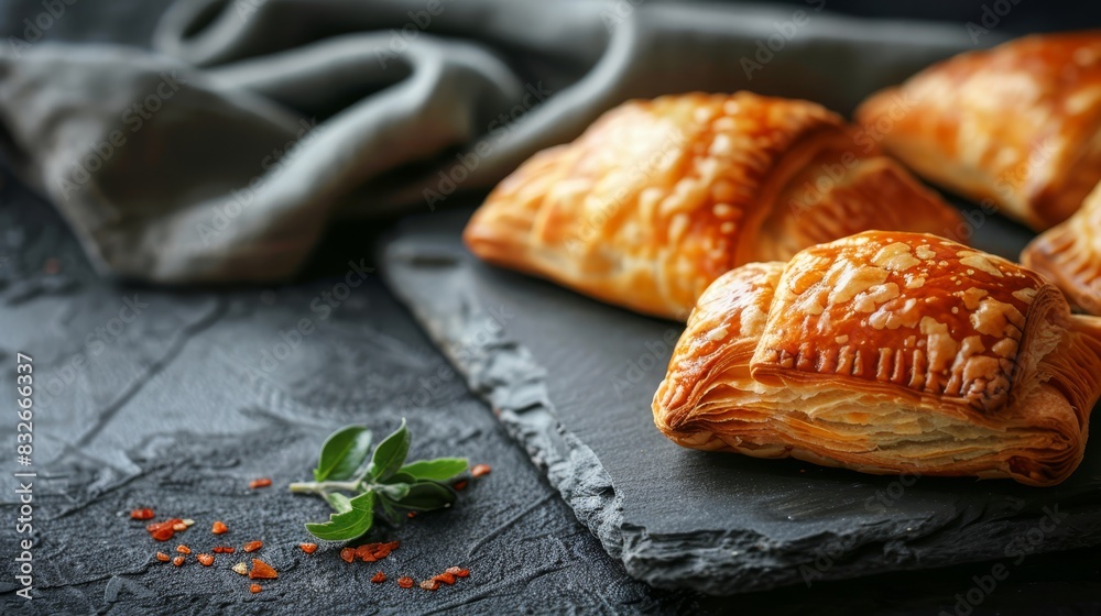A group of pastries sits atop a slate platter, accompanied by a napkin and a red pepper sprig A group of pastries sits atop a slate platter, accompanied by a napkin and a red pepper sprig
