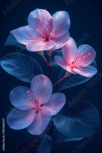 Three Pink Flowers With Green Leaves on a Blue Background