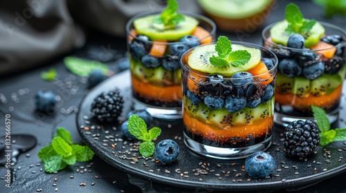  A tight shot of a plate bearing berries and kiwis atop glass rimms Each glass adorned with mint leaves and a blueberry as garnish photo