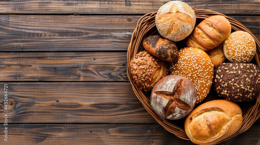 A basket brimming with loaves of bread atop a wooden table Nearby, a bag of sesame seeds sits atop the loaves A basket brimming with loaves of bread atop a wooden table Nearby, a bag of sesame seeds sits atop the loaves