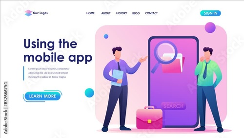 Young men standing near the mobile phone screen, the use of mobile application. Flat 2D character. Landing page concepts and web design