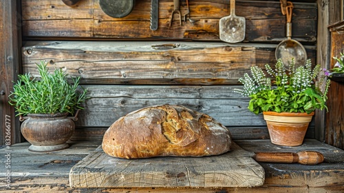  Two loaves of bread on a wooden table, each adjacent to a potted plant photo