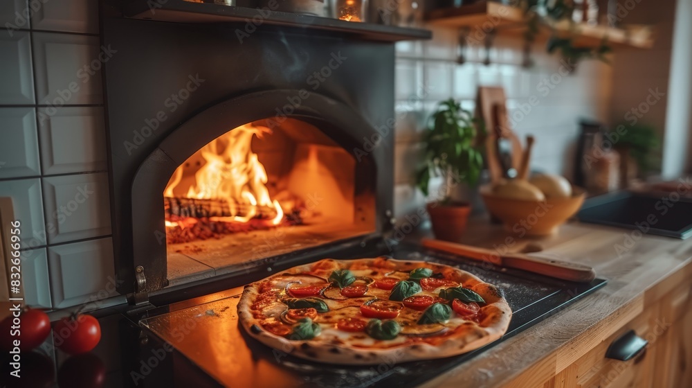 A pizza atop a pan in front of a wood-burning oven, another pizza alongside it A pizza atop a pan in front of a wood-burning oven, another pizza alongside it