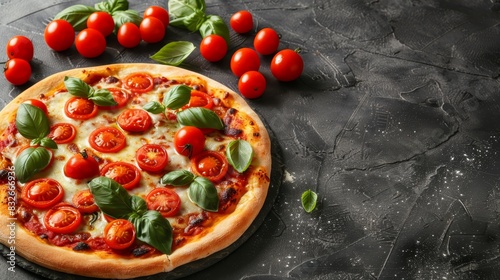  A pizza with tomatoes, basil, and cheese on a black surface Nearby, cherry tomatoes and basil leaves on a slate board against a black backdrop