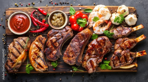  A wooden cutting board holds meat and vegetables, nearby are two bowls One bowl is filled with dipping sauce, the other is stacked with shrimp and garnished with a
