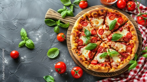  A pizza atop a wooden cutting board, nearby tomatoes and basil on a checkered cloth A bottle of ketchup and a knife within reach