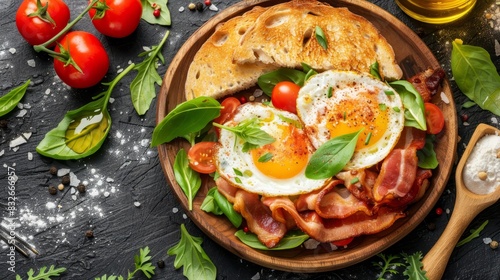 bacon, eggs, tomatoes, bread, and breadcrumbs Neighboring items include a fork and a bottle of olive oil on the