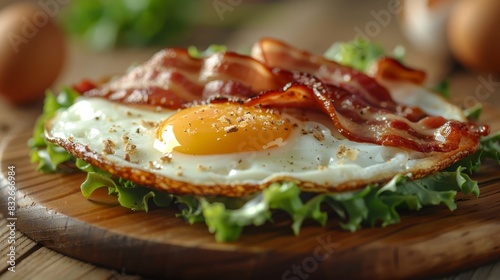 bacon and an egg atop a bed of lettuce Lettuce on a cutting board  eggs adjacent