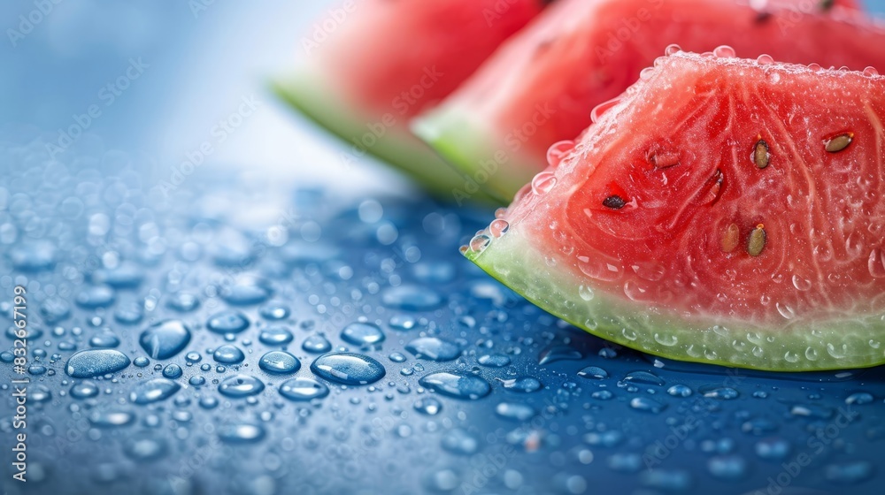  A watermelon slice atop a blue surface, dotted with its own drops and reflections