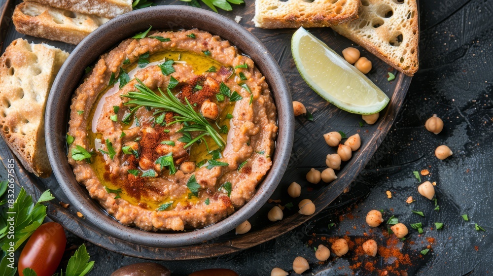 A bowl of hummus garnished, a lime slice nearby Crackers, tomatoes, bread, olives on plate A bowl of hummus garnished, a lime slice nearby Crackers, tomatoes, bread, olives on plate
