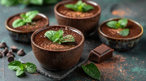  Three glasses of chocolate pudding  garnished with mint  on a slate board Chocolate chunks and mint sprigs accompany each glass  as well as the board itself