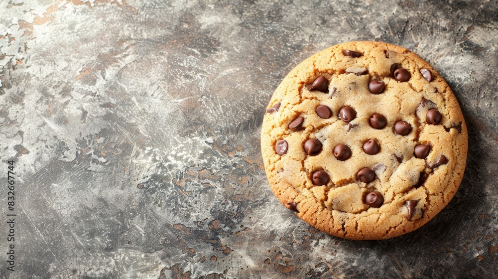 A tight shot of a chocolate chip cookie against a grey-black background One cookie is bitten, revealing its interior Chocolate chips dot the undamaged portion A tight shot of a chocolate chip cookie against a grey-black background One cookie is bitten, revealing its interior Chocolate chips dot the undamaged portion