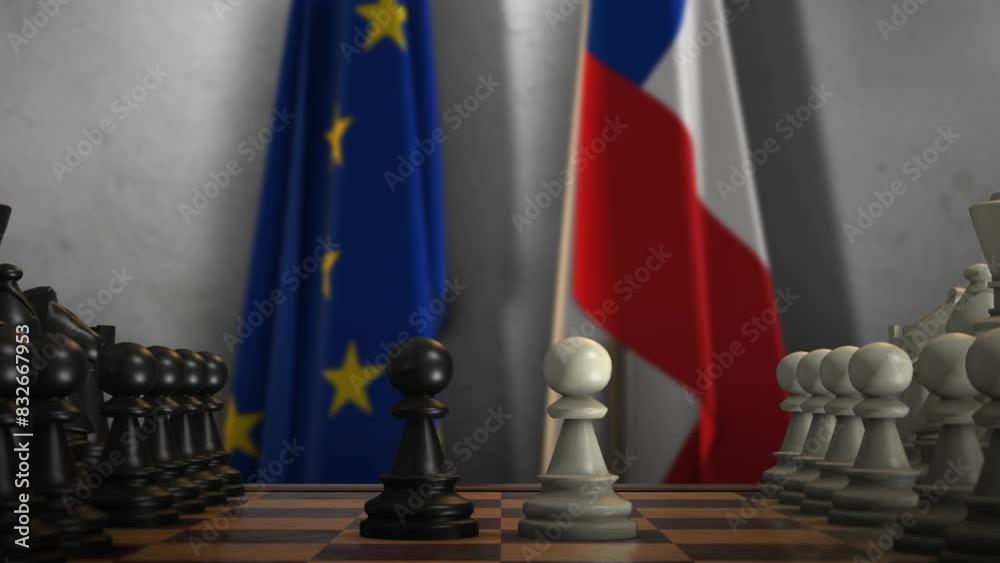 Chile And EU Flags. Politics And Conflict Concept Animation. Chess Board Game Play Chile And EU Flags. Politics And Conflict Concept Animation. Chess Board Game Play
