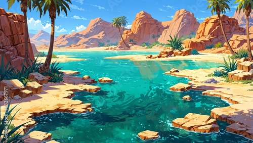 Desert oasis with palm trees and crystal clear water. 2d style