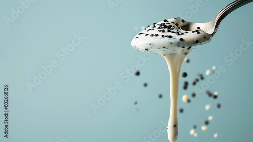  A spoon holds a scoop of black and white sprinkles, while another spoon similarly cradles the same colored sprinkles photo