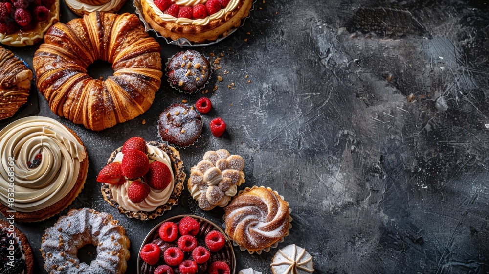 A range of pastries topped with ripe raspberries against a black surface, contrasted by a gray background Additional raspberries dot the scene A range of pastries topped with ripe raspberries against a black surface, contrasted by a gray background Additional raspberries dot the scene