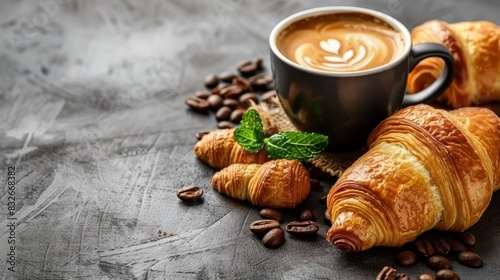  A table holds a cup of coffee and several croissants, accompanied by extra coffee beans An individual croissant and another cup of coffee are also present photo