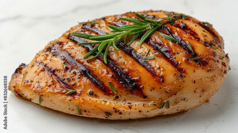 A tight shot of a sliced chicken piece atop a marbled counter, adorned with a rosemary spring White table beneath A tight shot of a sliced chicken piece atop a marbled counter, adorned with a rosemary spring White table beneath