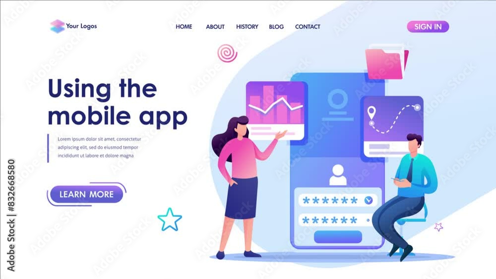 Young people using mobile apps for data analysis. Flat 2D character. Landing page concepts and web design