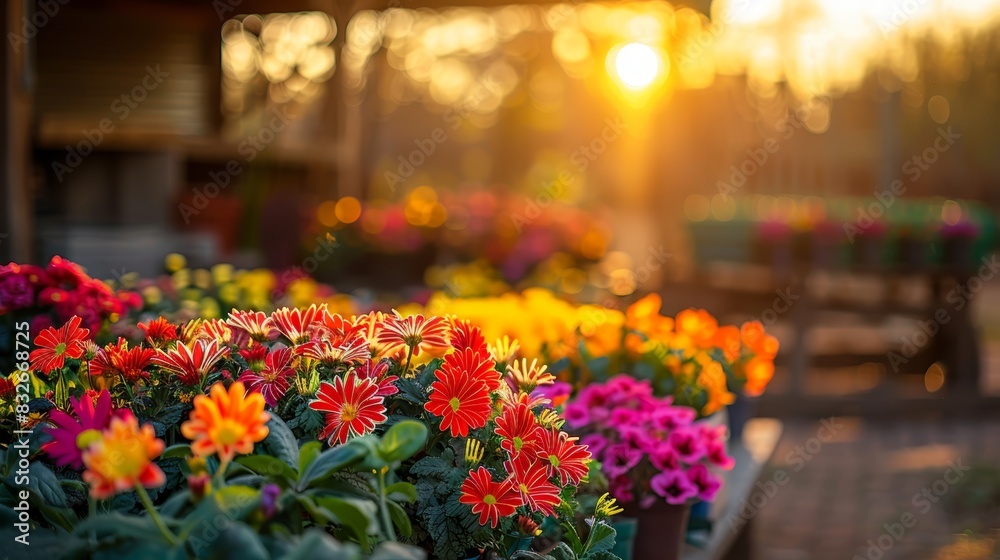  A planter filled with flowers, sunlit by trees behind, features a bench in the foreground