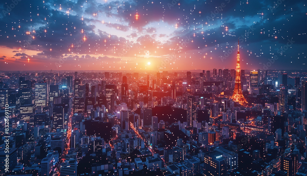 Fototapeta premium Digital Property Portfolio Panorama, panoramic view of a digital landscape, where virtual properties rise like skyscrapers,