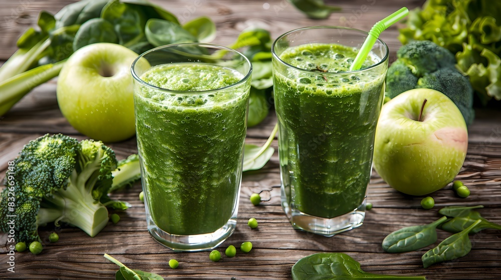 Fresh green smoothies on wooden table. Healthy vegan drinks with broccoli and apples. Perfect for healthy lifestyle and detox. Vibrant green color and fresh taste. AI Fresh green smoothies on wooden table. Healthy vegan drinks with broccoli and apples. Perfect for healthy lifestyle and detox. Vibrant green color and fresh taste. AI