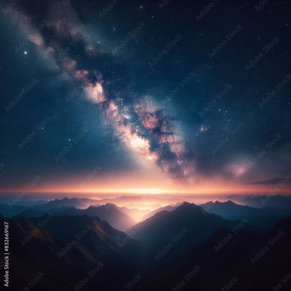 Captivating Milky Way galaxy shining over a serene mountain range during sunset. The stunning celestial display illuminates the sky with vibrant colors, creating a breathtaking landscape.. AI