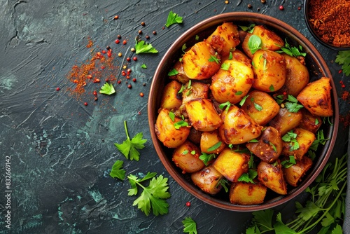 red chili masala potato in bowl on dark grey background