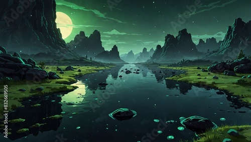 Cartoon space river with glowing waters and craters under a green sky for sci-fi games. 2d style