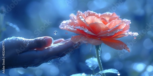 A man reached out to a delicate rose in the rain. Rose is the queen of flowers. Most people favour each of them on special days like Valentine's Day, Love Day. photo